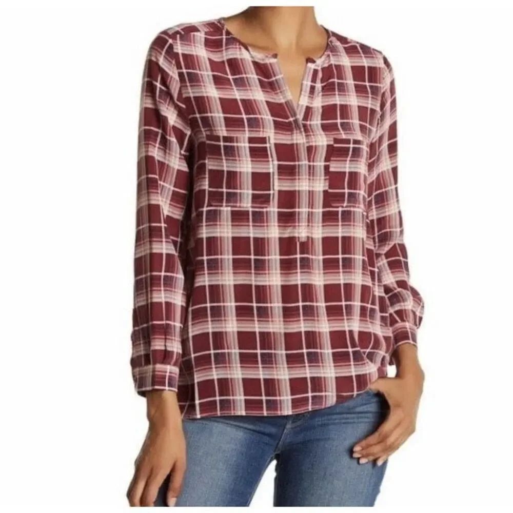 ✨Joie Nepal Silk Sz Medium Blouse Red Plaid Popover✨